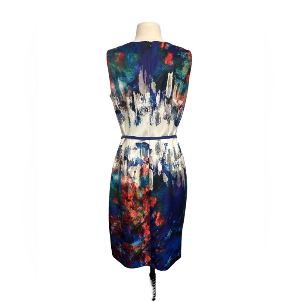 Joseph Ribkoff Watercolor Blue Red Abstract Sleeveless Sheath Dress With Belt - Picture 2 of 11